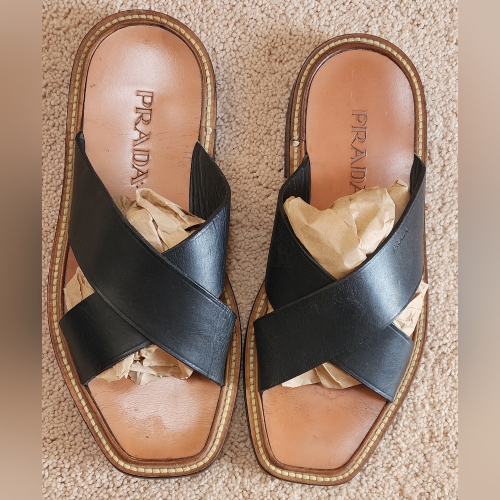 Prada Black Leather Cross-Strap Men’s Slide Sandals with Tan Footbed